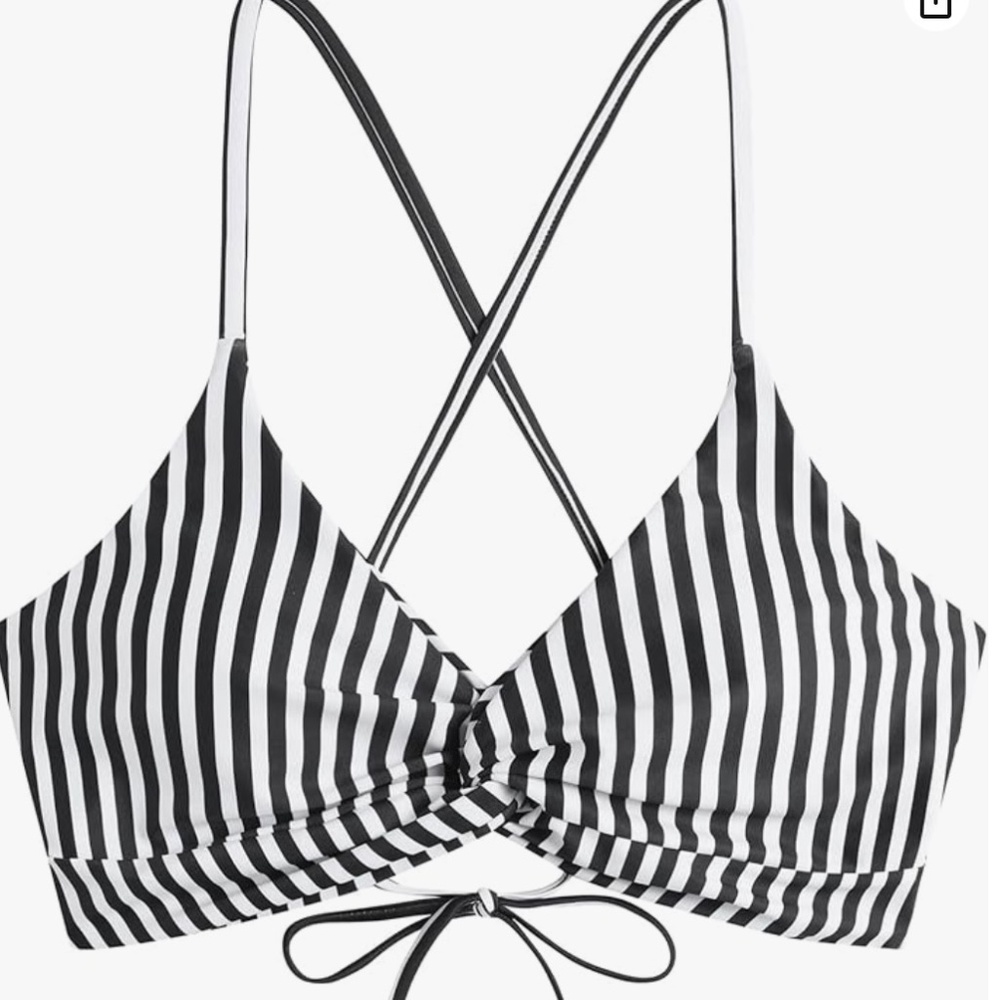 New Womens ZAFUL Bikini Push Up Swimsuit Top Lace Up Padded black white stripe S